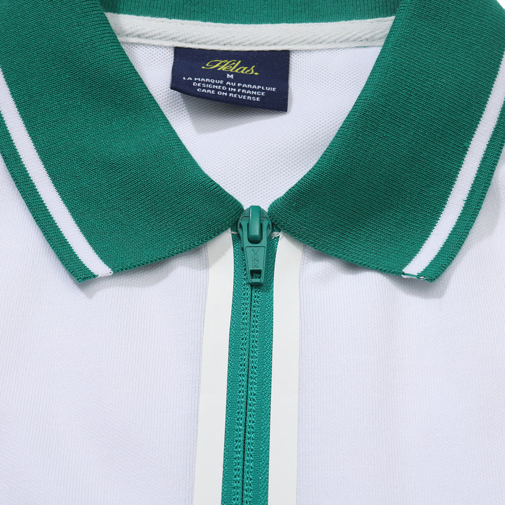 Helas Agass Polo Shirt in White Photo 4 - closeup of collar and zip detail as well as the size tag