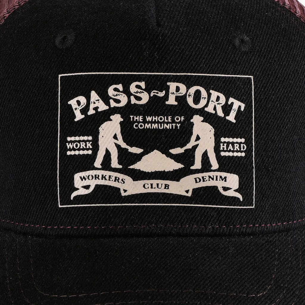 PASS~PORT Workers Club Denim Packers Trucker Cap - Washed Black - closeup