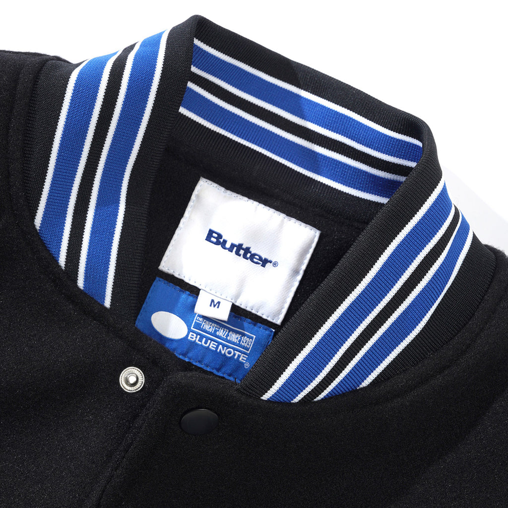 Butter Goods Blue Note Varsity Jacket - Navy / Cream - neck