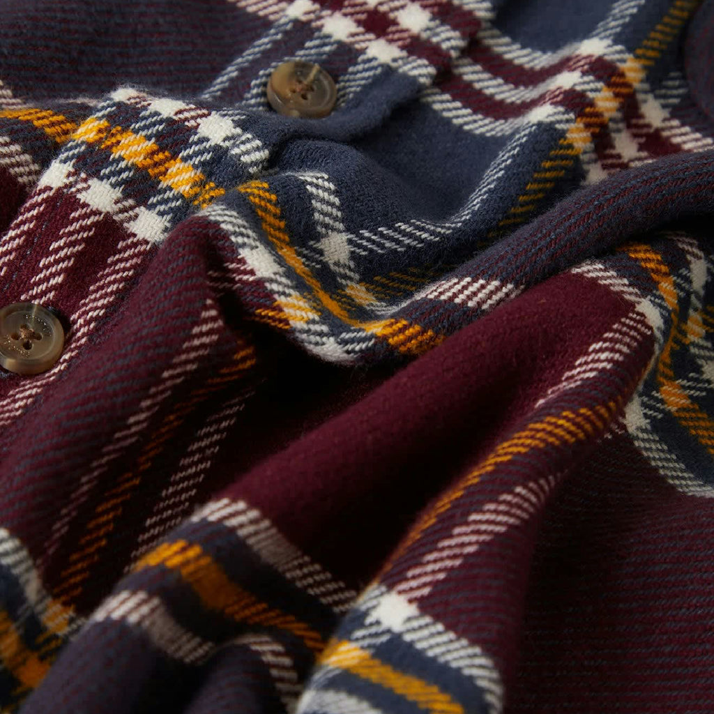 Brixton Bowery L/S  Flannel Shirt - Mood Indigo / Port / Saffron - closeup