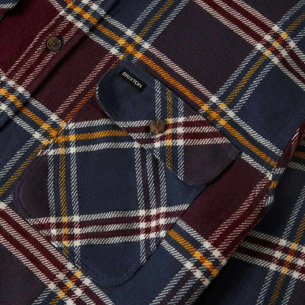 Brixton Bowery L/S  Flannel Shirt - Mood Indigo / Port / Saffron- pocket