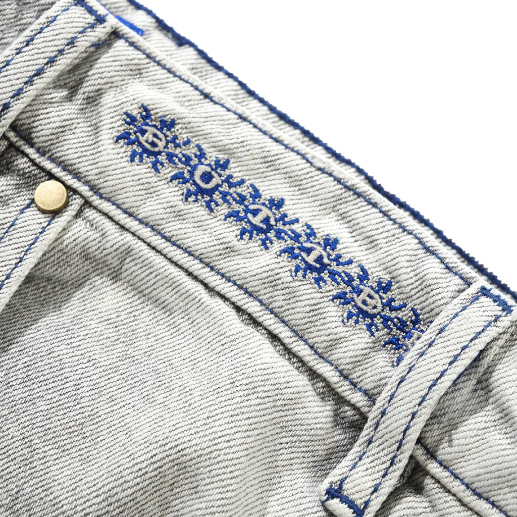 Butter Goods Bronco Denim Shorts - Washed Grey - embroidery