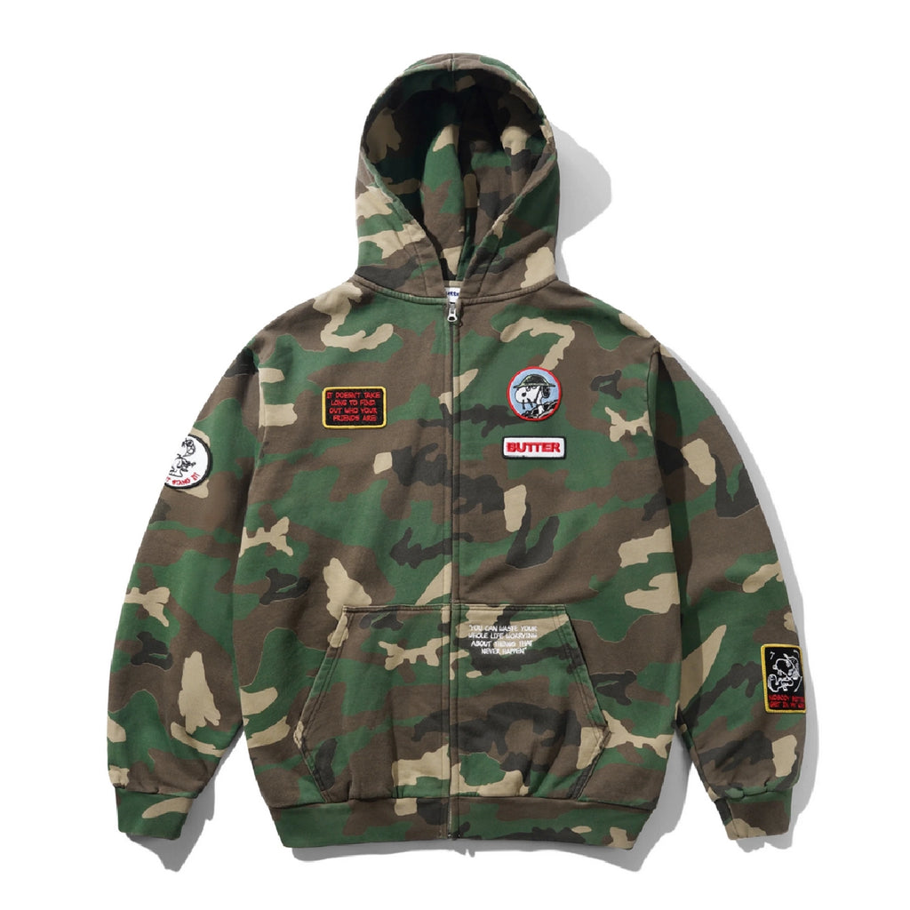 Butter Goods x PEANUTS Patches Zip-Thru Hoodie - Washed Camo - front

