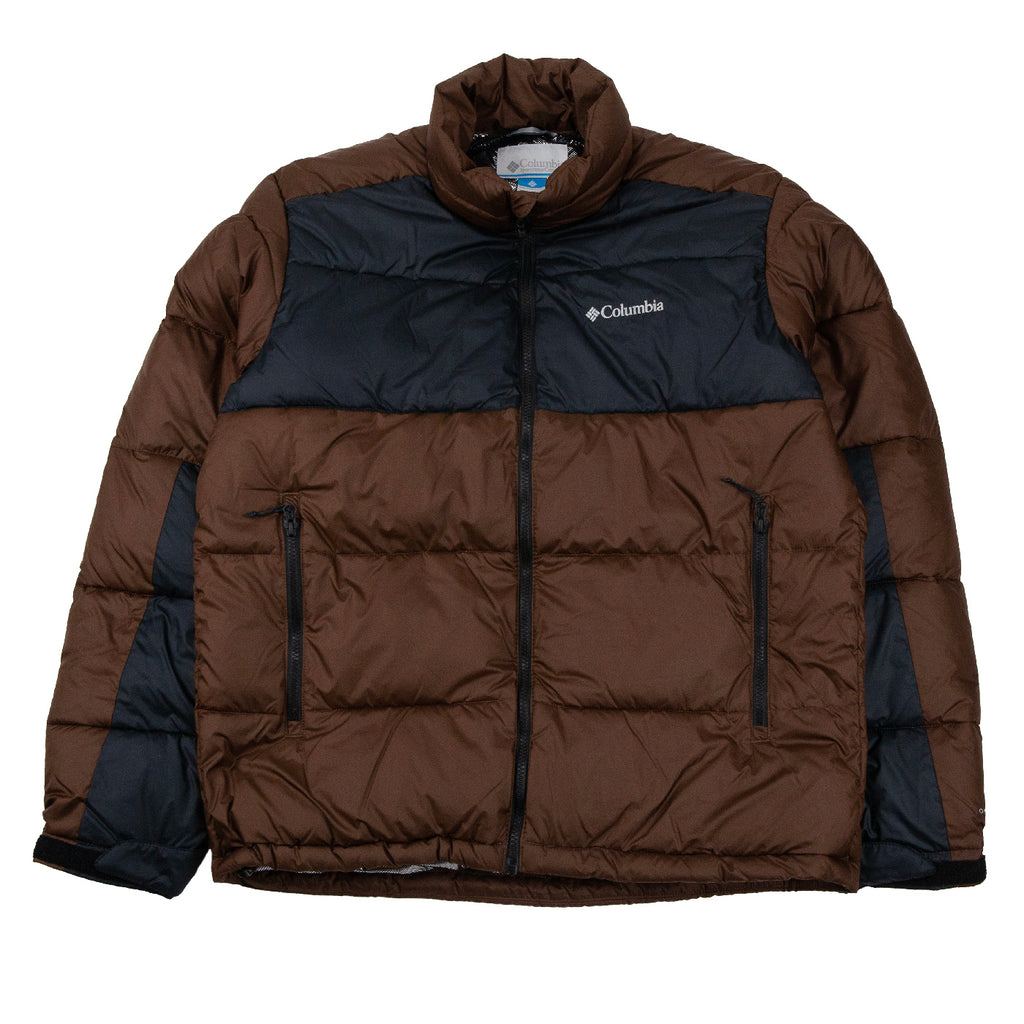 Brown and black Pike Lake puffer jacket with Columbia logo on a white background
