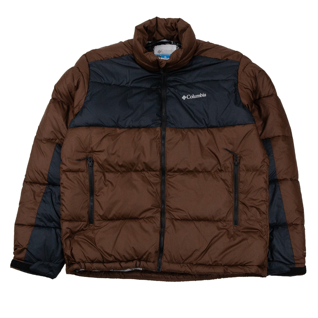 Brown and black puffer jacket with Columbia logo on a white background