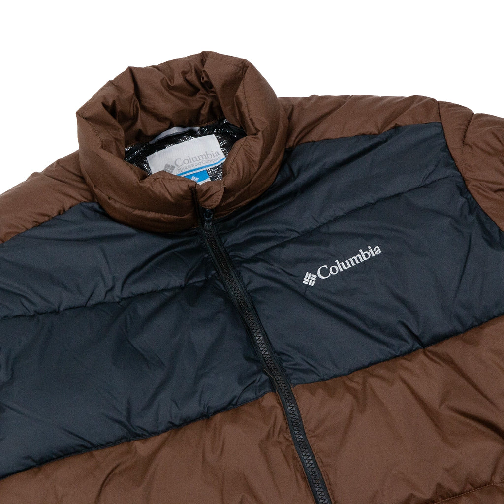 Brown and black puffer jacket with Columbia logo detail on a white background