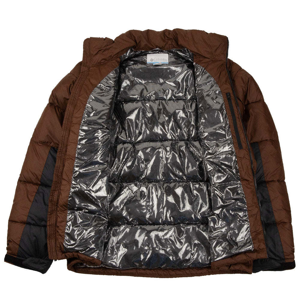 Brown Pike Lake II puffer jacket with reflective interior on a white background