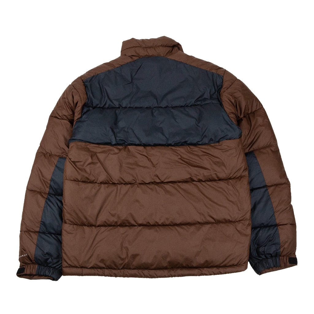 Brown puffer Pike Lake II jacket with black accents on a white background