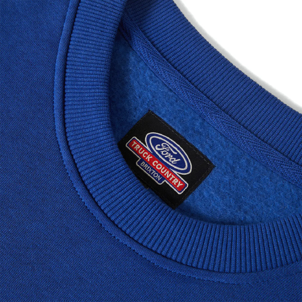 Brixton Ford Number One Fleece  Crew Sweatshirt - Ford Blue - neck