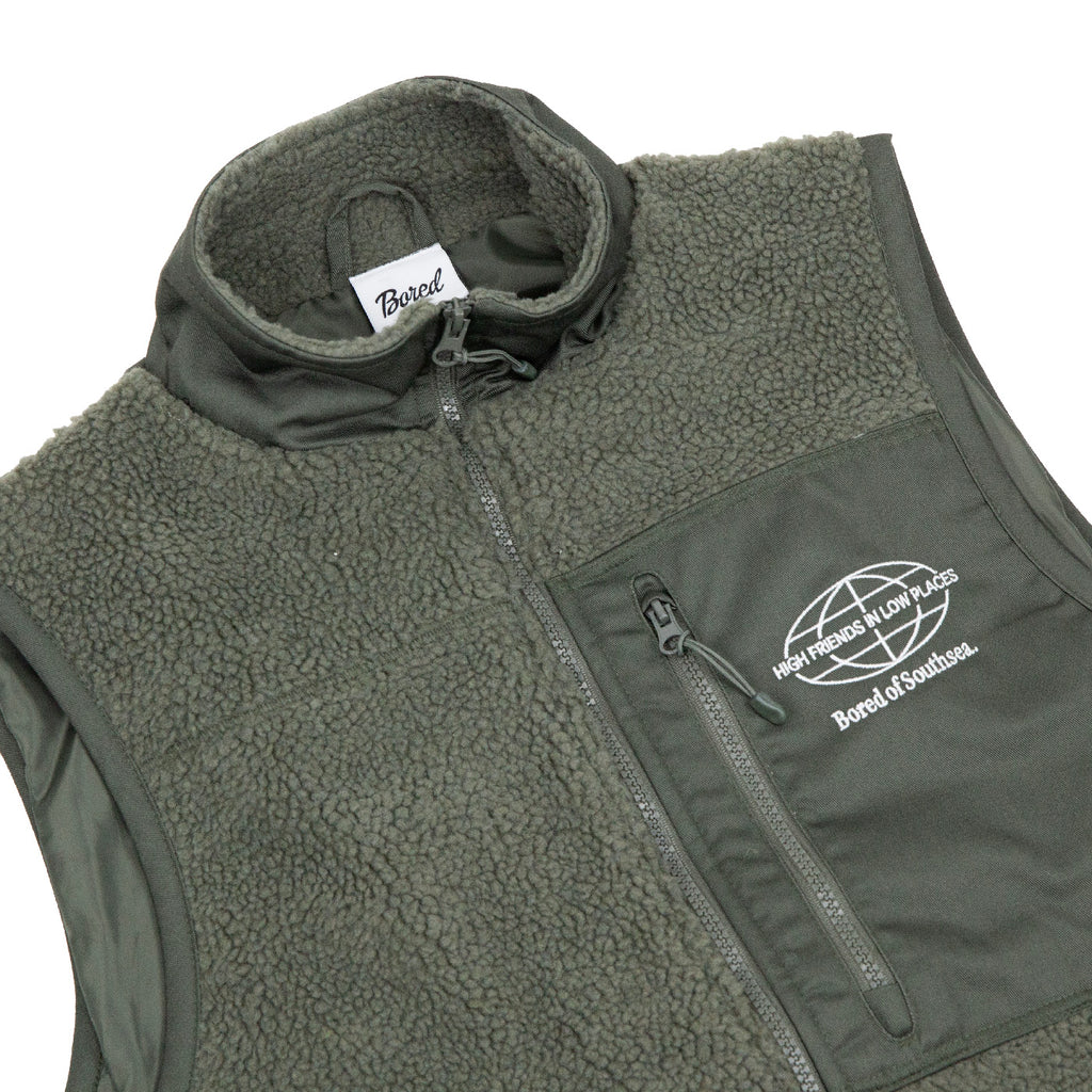 Bored of Southsea High Friends Sherpa Vest Fleece - Olive - front