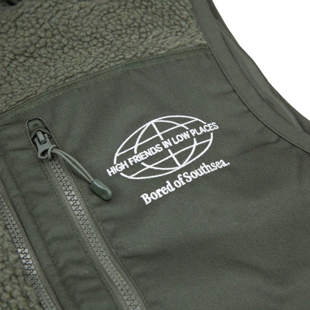 Bored of Southsea High Friends Sherpa Vest Fleece - Olive - embroidery