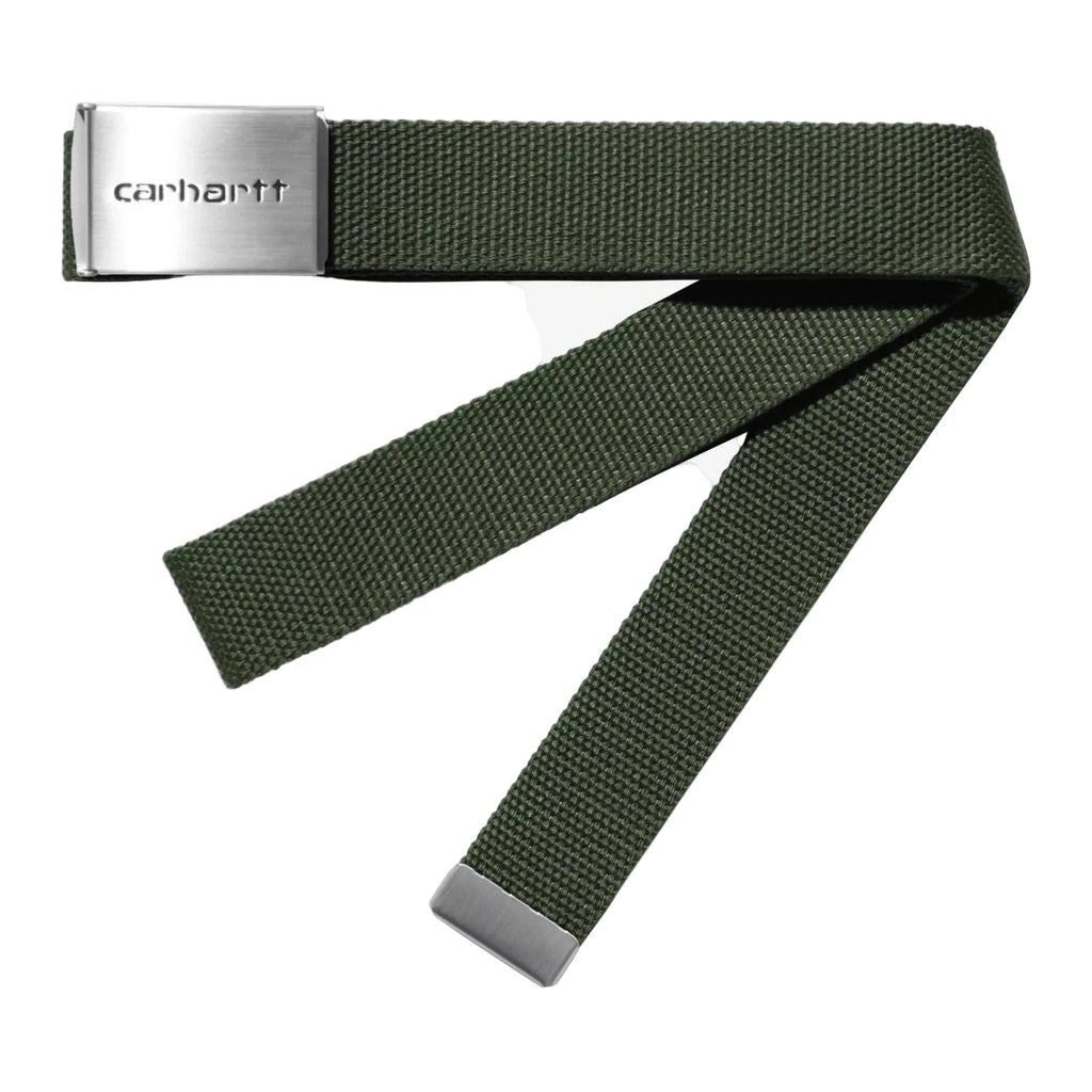 Green belt with silver buckle on a white background