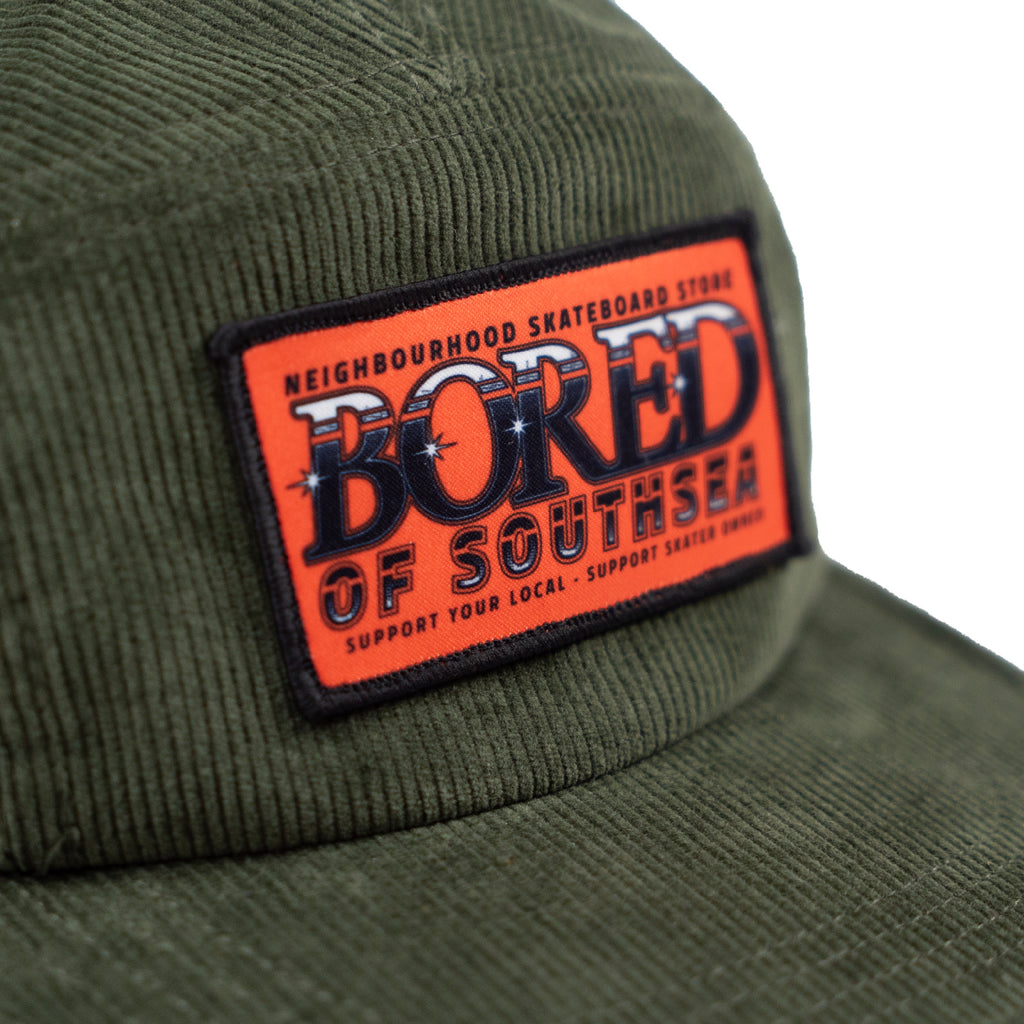 Bored of Southsea Neighbourhood Cord 5 Panel Cap - Olive - closeup