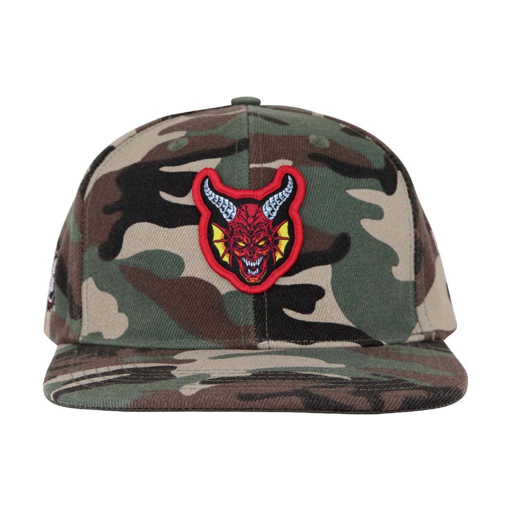 Santa Cruz x Stranger Things Hellfire Club Snapback Cap - Camo - front