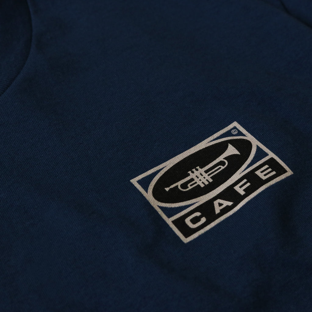 Skateboard Cafe Trumpet Logo T Shirt - Navy - closeup