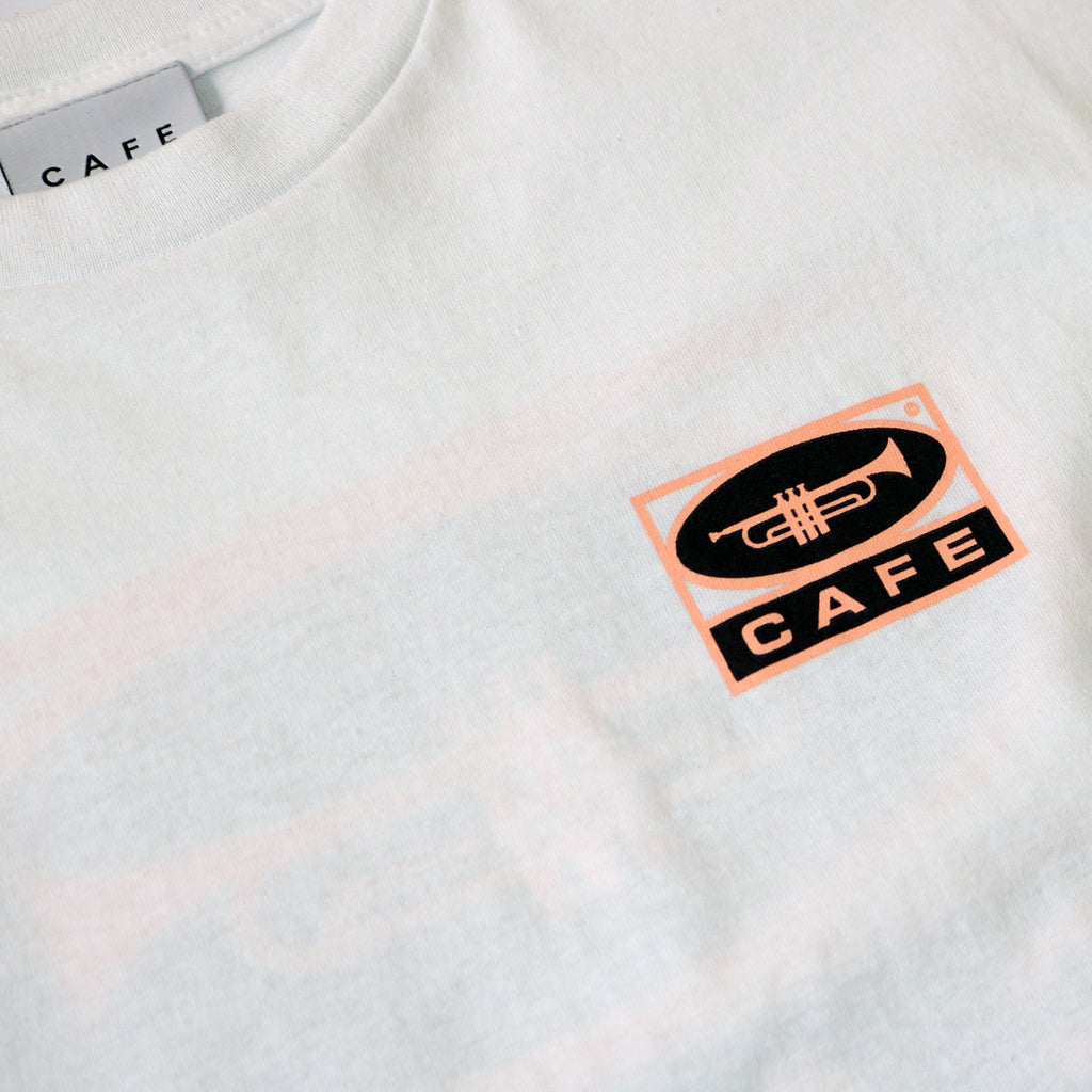 Skateboard Cafe Trumpet Logo T Shirt - White - closeup