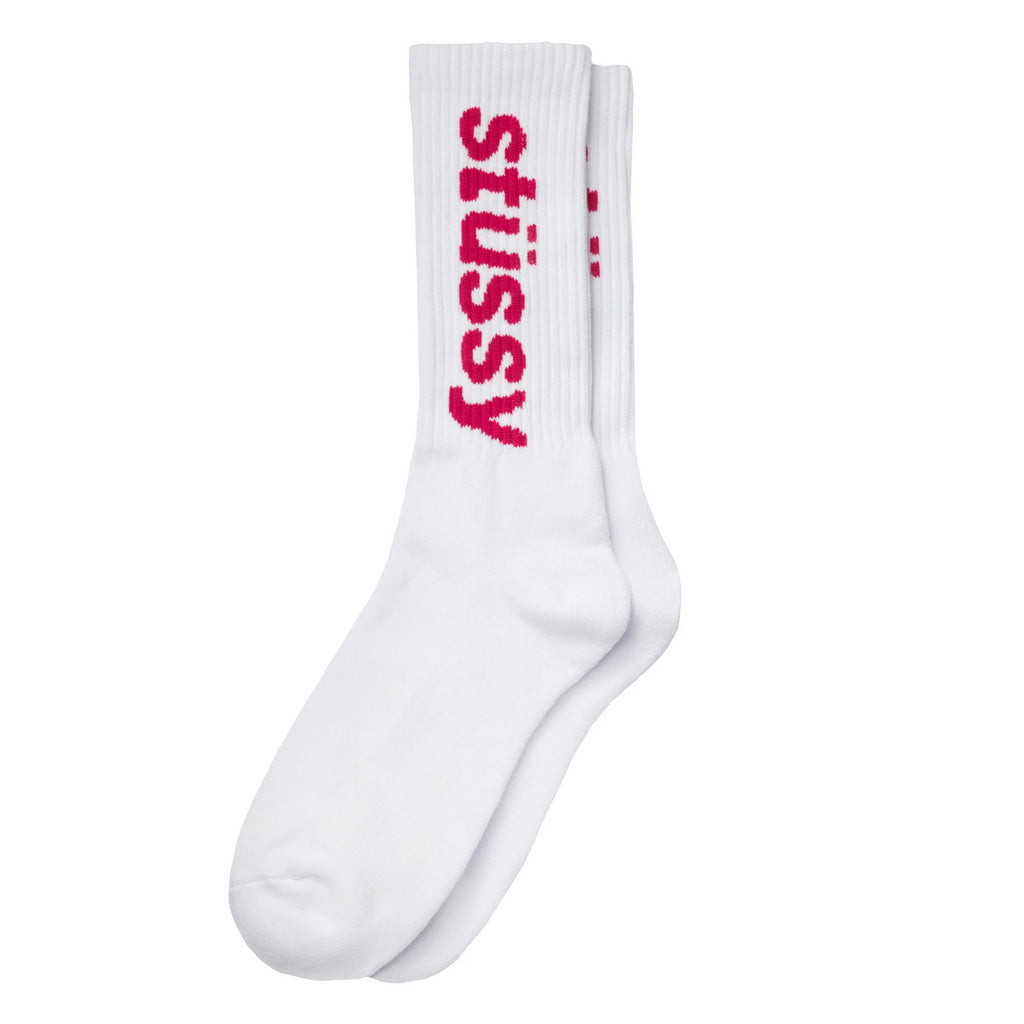 Stussy Helvetica Jacquard Crew Socks - White / Hot Pink - main