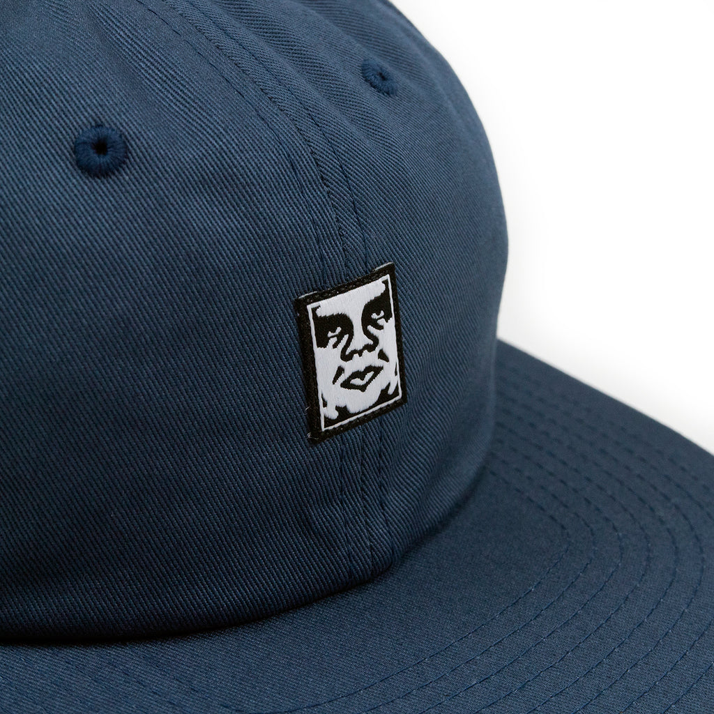 Obey Clothing Icon Face 6 Panel Strapback Cap in Dull Blue - Detail