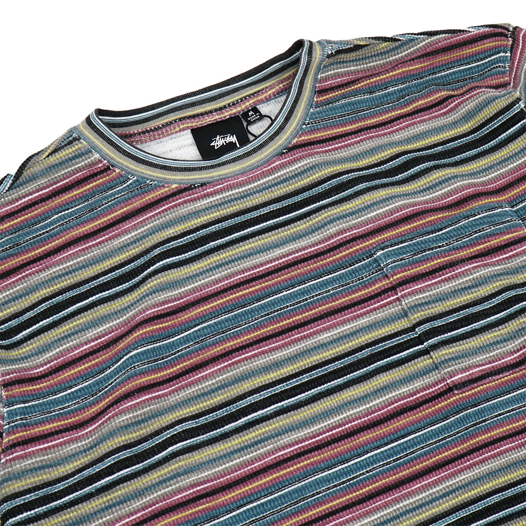 Stussy L/S Printed Multi Stripe Crew T Shirt - Khaki - front