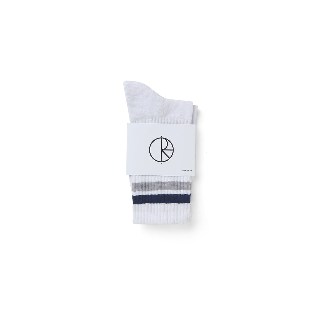 Polar Skate Co Stripe Socks in White / Navy / Grey - Packaged