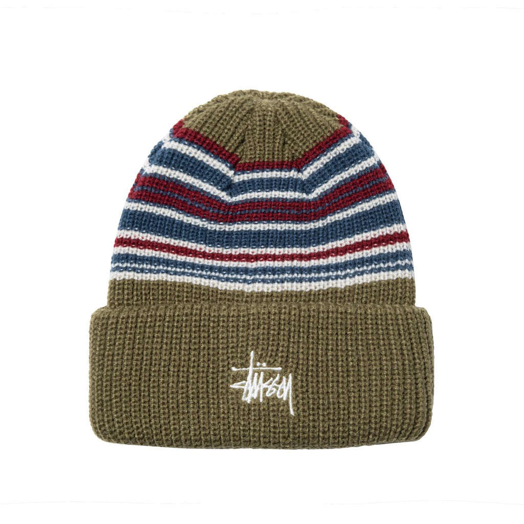 Stussy Striped Cuff Beanie Olive - Front