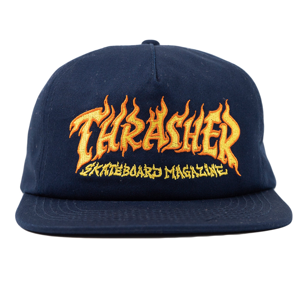 Thrasher Fire Logo Snapback Cap in Navy - Front