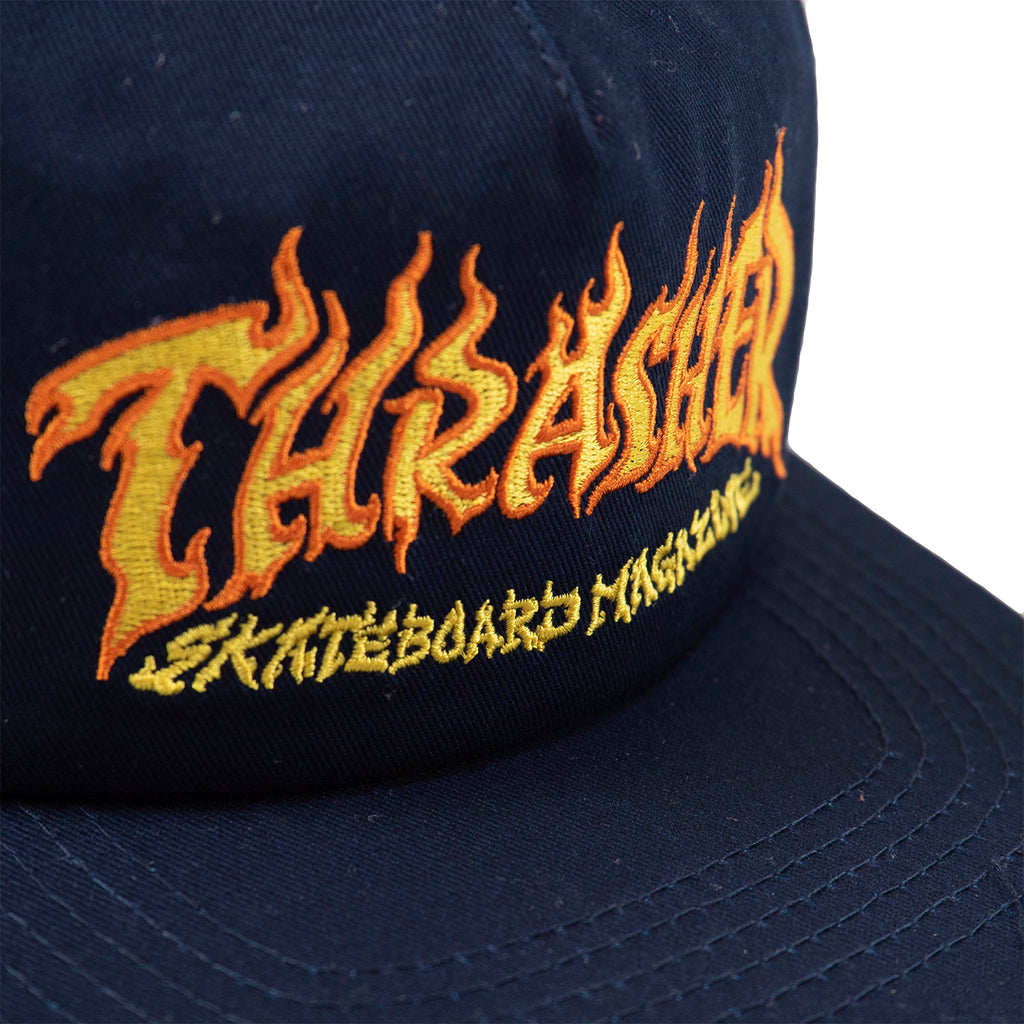 Thrasher Fire Logo Snapback Cap in Navy - Embroidery