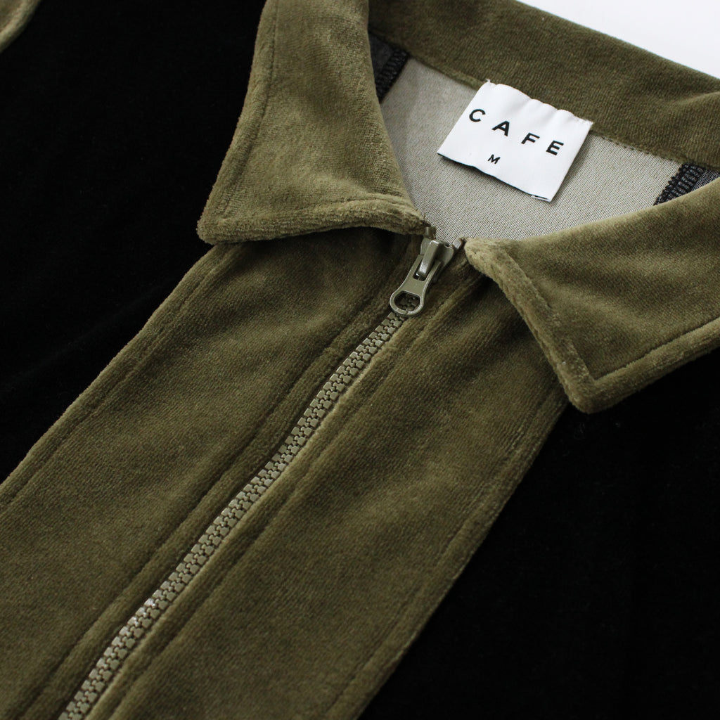 Skateboard Cafe Full Zip Velour Stripe Shirt - Olive / Black - collar