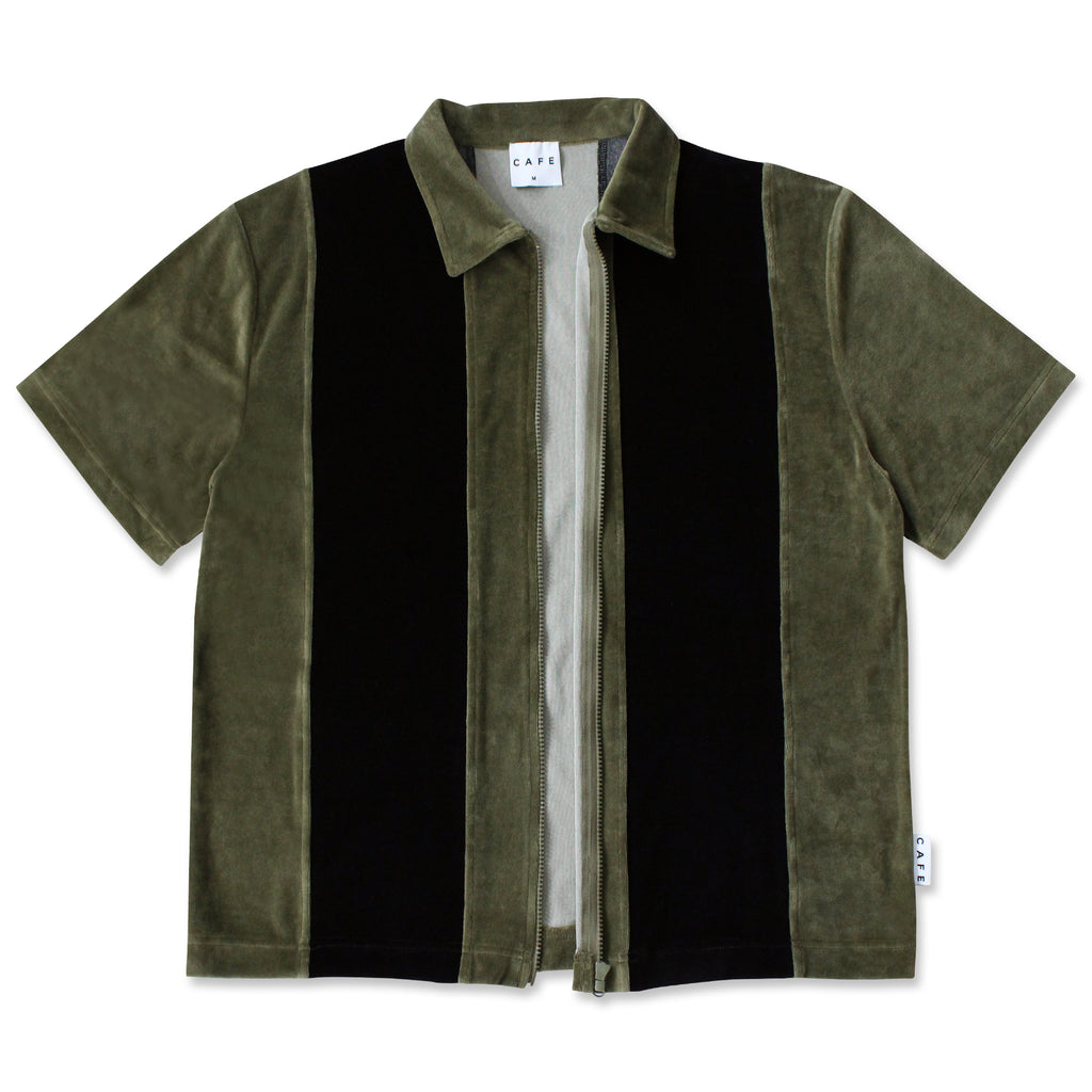 Skateboard Cafe Full Zip Velour Stripe Shirt - Olive / Black - front